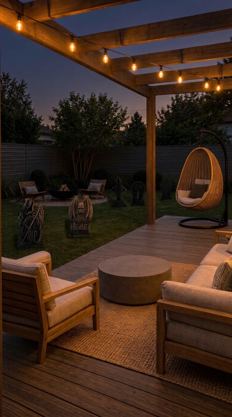 The same backyard with five grey foam tombstones on the lawn: a hooded figure and a winged skull with the word Beware near the deck, a cross and two narrow stones further back by the fence.