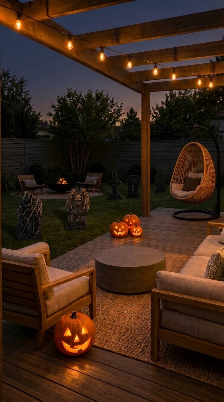The same backyard with glowing jack-o’-lantern pumpkins: three stacked at the edge of the deck and a large one on the deck by the left armchair; the fire pit on the lawn is burning.