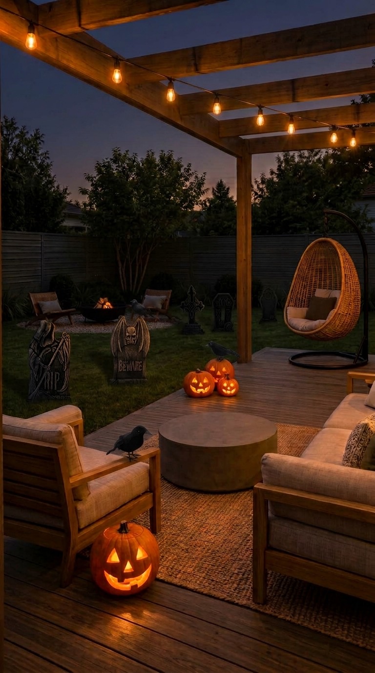 The same backyard with three black feathered crows: one on the wooden arm of the left armchair, one on top of the pumpkins and one on the winged tombstone.