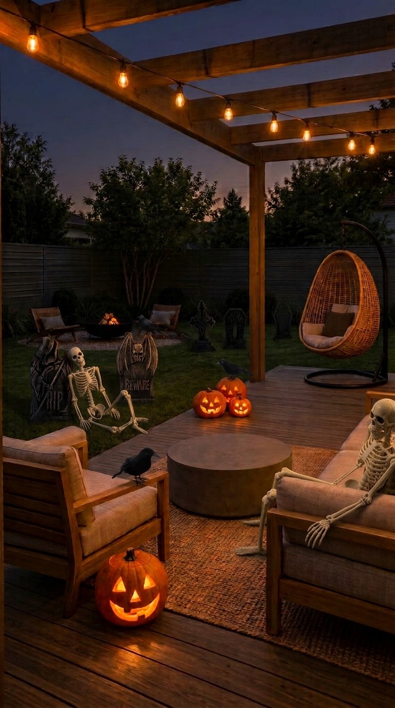 The same backyard with two white plastic skeletons: one sitting on the grass against a tombstone, the other sitting on the sofa on the right with an arm over the back.