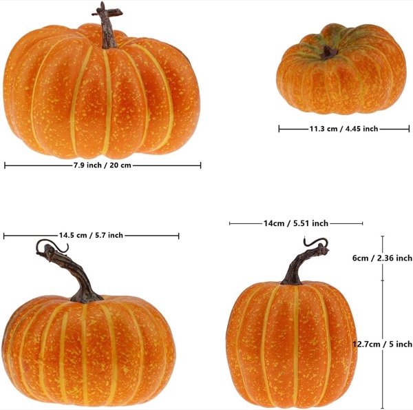 Four plain orange artificial pumpkins with brown stems in different sizes, with their widths marked in inches and centimetres.