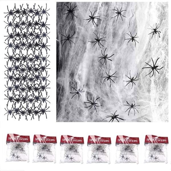 White stretchy fake spider web with small black plastic spiders, sixty spiders in rows and six packs of web.