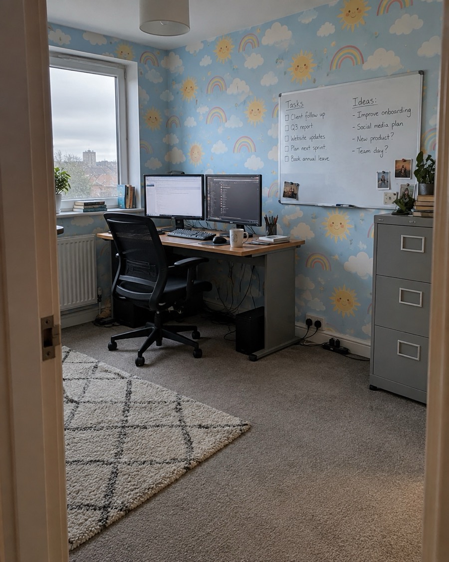 A small home office with two monitors, an office chair and a filing cabinet, every wall covered in pale blue wallpaper with clouds, rainbows and smiling suns.