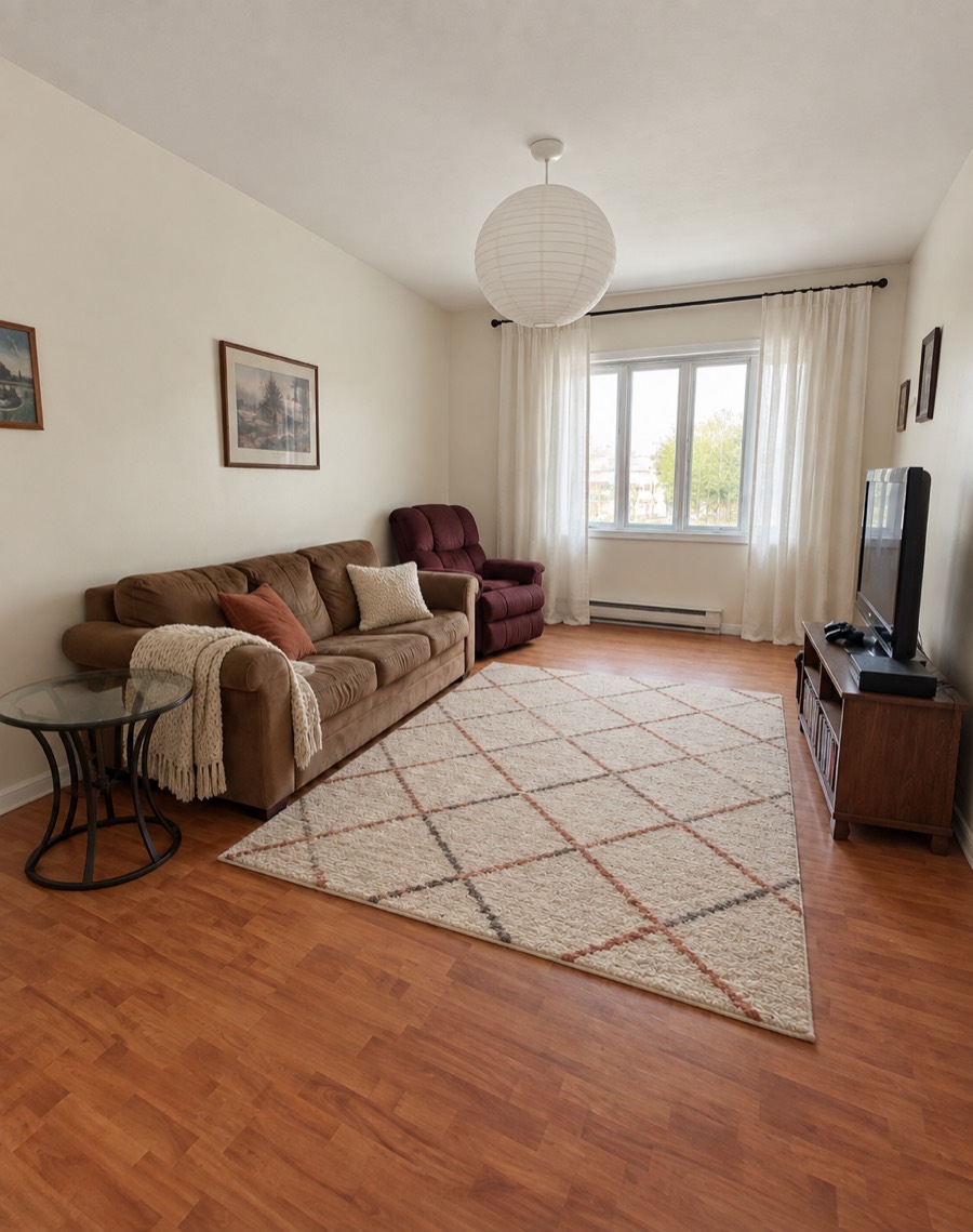 The same living room with warm white walls and a white ceiling, a white paper lantern instead of the ceiling fan, white curtains hung high, new cushions and a knitted throw on the same brown sofa, and a cream rug with a diamond pattern on the laminate.