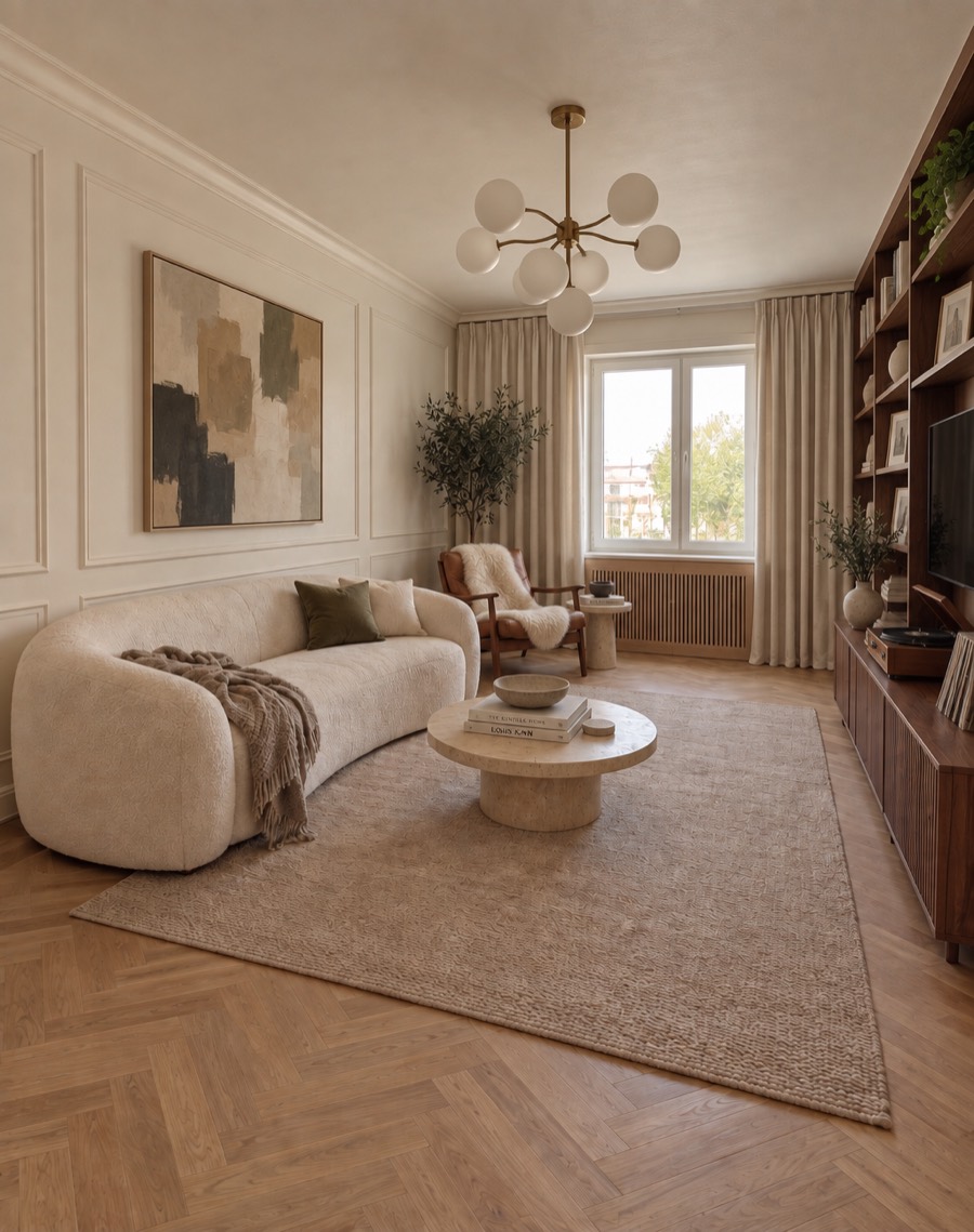 The same living room with wall moldings, a crown molding, a brass globe chandelier, a light oak herringbone floor, built-in walnut shelves, a large abstract painting, a curved cream sofa, a leather lounge chair and a round stone coffee table.