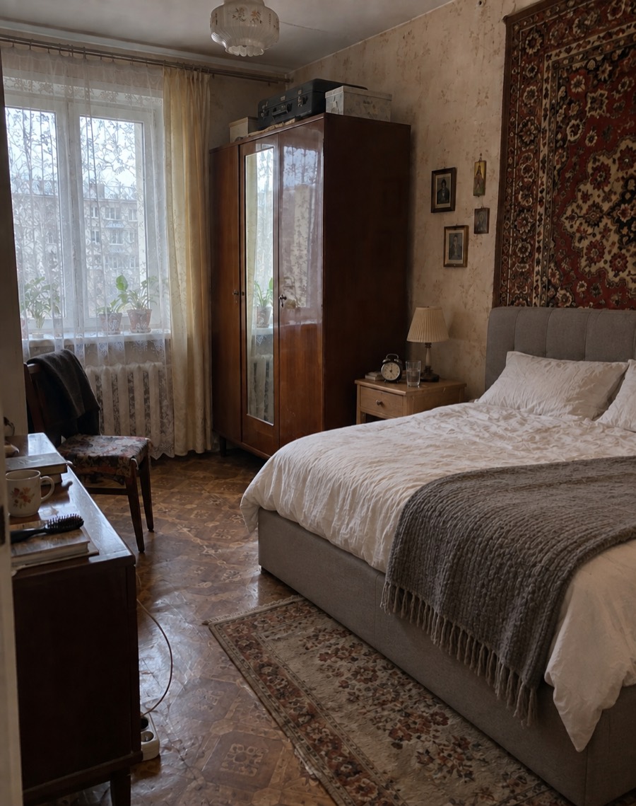 A small bedroom with a wide grey upholstered bed and white bedding, an oak bedside table with a lamp, a patterned carpet on the wall above the bed and a polished brown wardrobe with a mirror by the window.