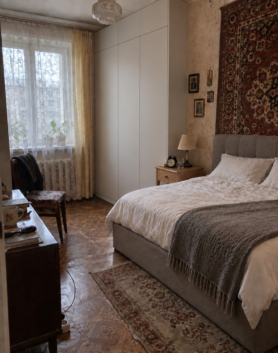 The same bedroom with a matte white floor-to-ceiling wardrobe in place of the polished brown one; the grey bed and the carpet on the wall are unchanged.