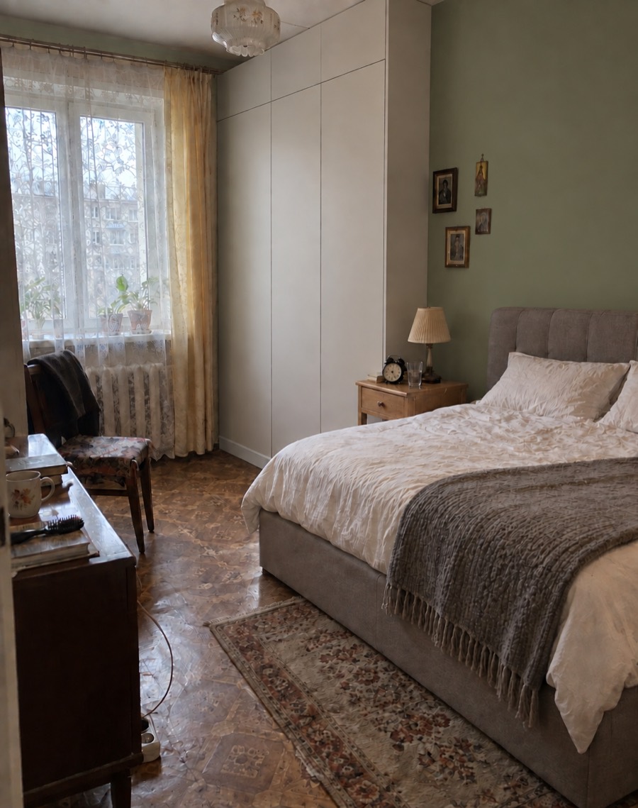The same bedroom with the carpet taken off the wall and the walls painted muted sage green, next to the white wardrobe and the grey bed.
