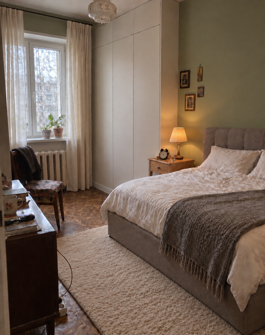 The same bedroom with off-white linen curtains on a black rod, a large soft cream rug along the bed and a lit lamp with a pleated shade on the oak bedside table.