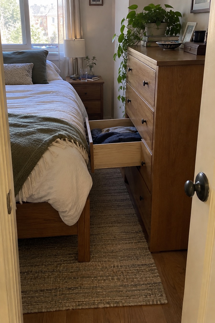 A wooden chest of drawers opposite a bed in a small bedroom, one drawer pulled out and stopped against the side of the bed, a striped runner on the floor between them leading to the window.