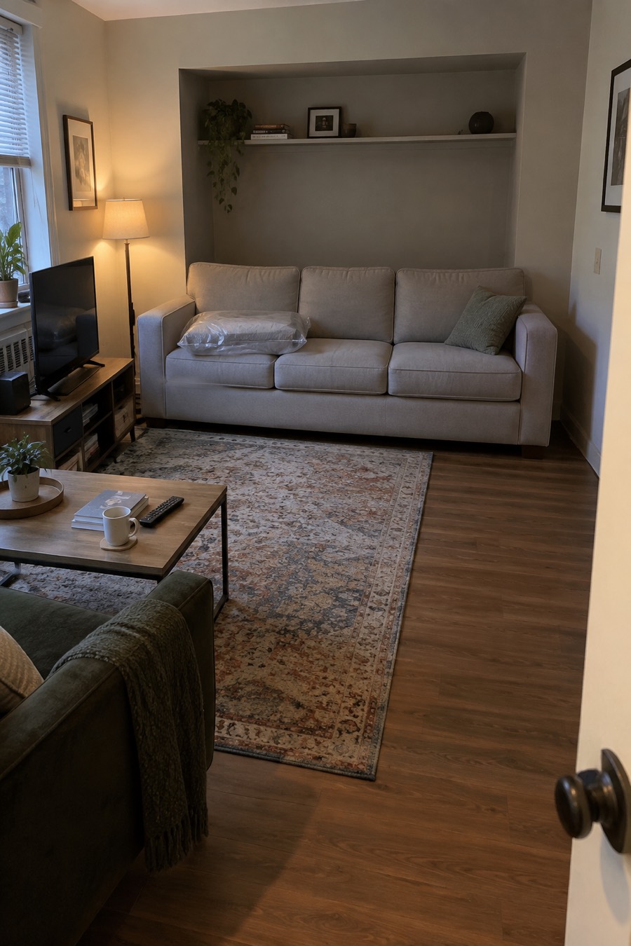 A light grey three-seat sofa standing in front of a wall alcove, its arms against the edges of the opening, with the empty alcove and its shelf behind it.