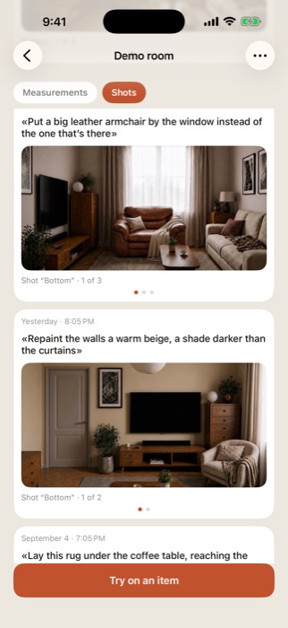 The history of a room with the accepted try-ons listed by date