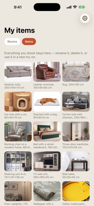 The library of saved items with names and sizes