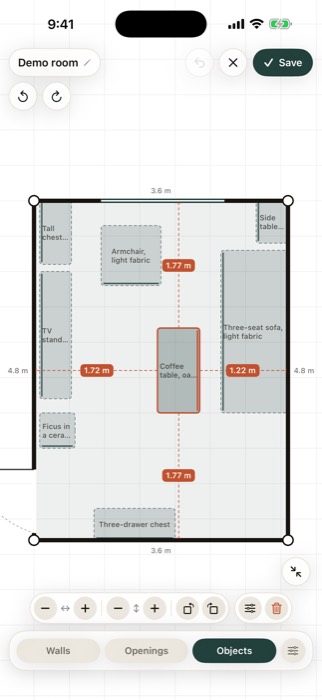 The plan editor with a piece of furniture selected and its distances to the walls