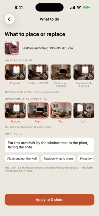 The screen where you choose the item, the shots and describe the change