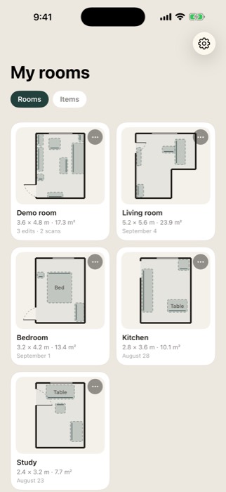 The list of rooms, each with its floor plan and dimensions